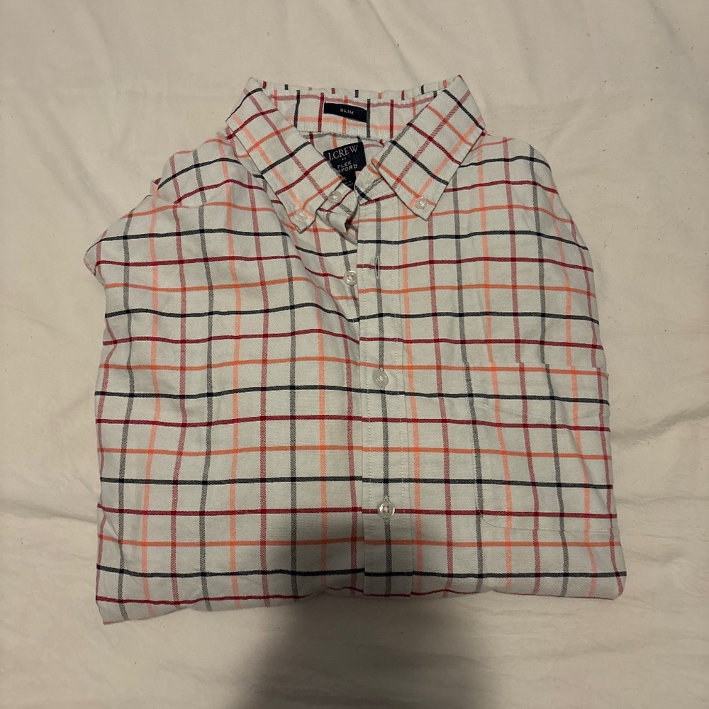 J. Crew Men’s Size Small Tattersall Slim Flex Oxford Shirt White Peach Red Black